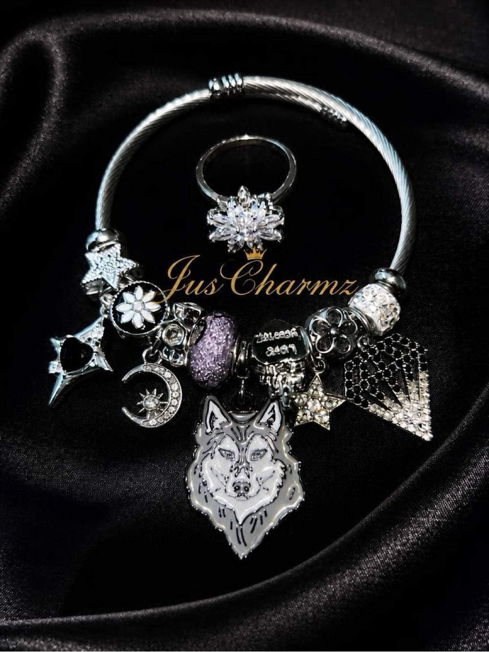 Silver Wolf Charm Bracelet with Purple Accent Bead and Bonus Ring